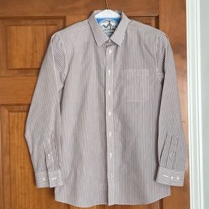 Burgundy and white striped button down dress shirt